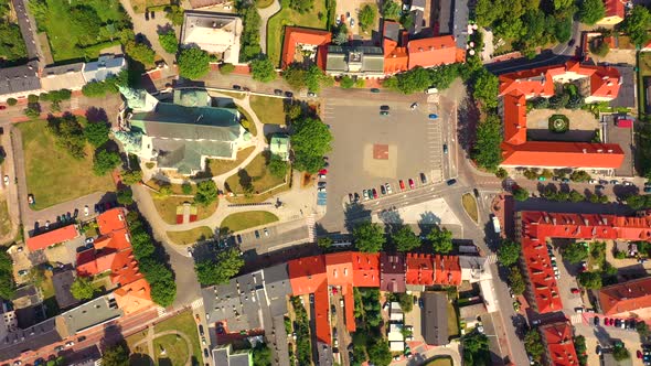 Landscape of the old town from the air with the visible. View on historic buildings on the market. L