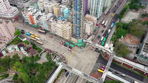 Drone fly over Hong Kong city traffic