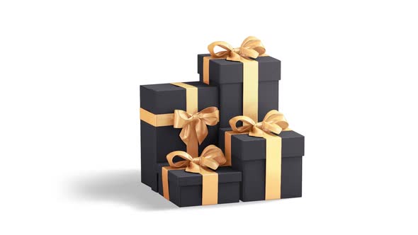 Black gift box with gold ribbon  stack, looped rotation