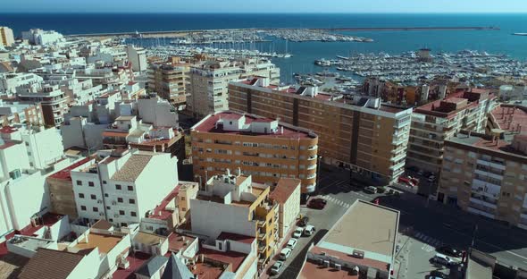 Opening Cityscape and Seascape Drone View of the Seaport City of Torrevieja
