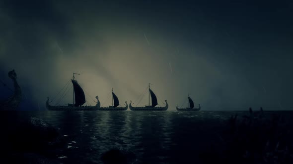 Fleet of Viking Ship Under a Lightning Storm