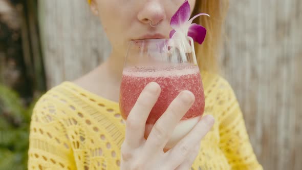 Portrait of Beautiful Woman on Vacation Enjoy Fruitshake