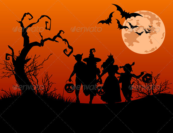 Halloween background with silhouettes of trick or
