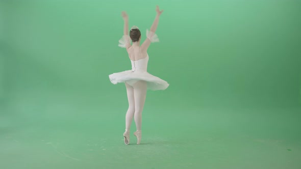 Girl In Ballet White Dress Performs In Green Screen Studio Spinning Elegant  