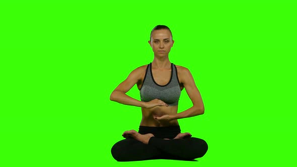 Meditation Woman Sitting Lotus Pose, Green Screen