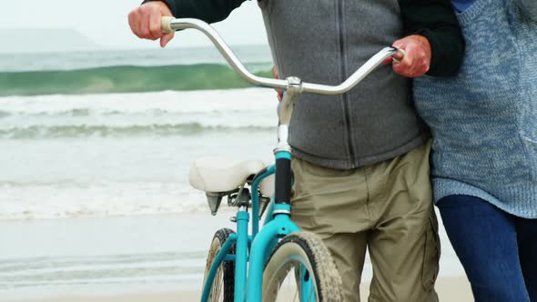 Happy senior couple walking with their bicycle