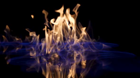 Flammable Liquid Catches Fire and Burns on Black Studio Background