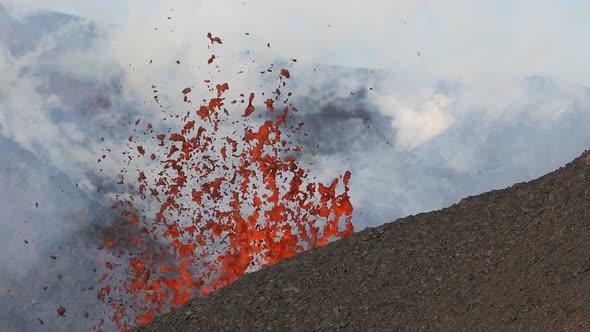 Eruption Active Volcano of Kamchatka - Effusion from Crater: Lava, Gas, Steam, Ash