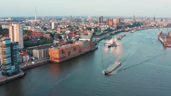 Spectacular Aerial View of the Famous Fish Market Area ,And the Port of Hamburg on a Sunny Day with