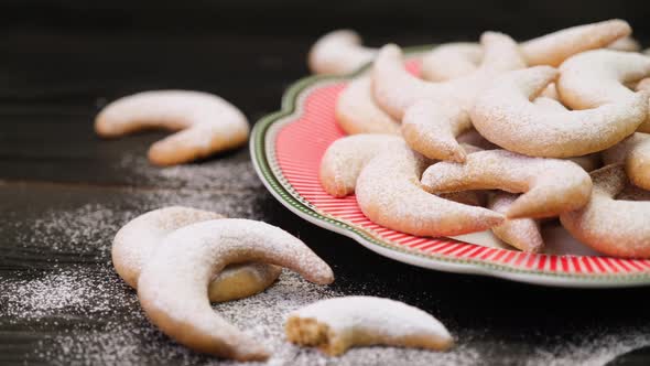 Plate Full of Traditional German or Austrian Vanillekipferl Vanilla Kipferl Cookies