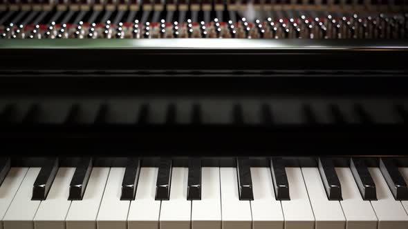 Interior view of the grand piano with playing keys and hammers mechanisms. 4KHD