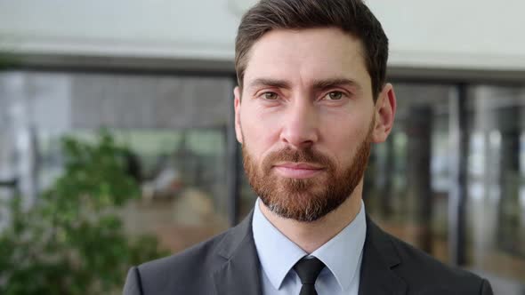 Closeup Video Portrait of a Successful Intelligent Influential Bearded Caucasian Businessman