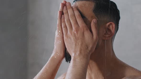 Arab Indian Man Bearded Guy Naked Male Washes Head with Shampoo Washing Hair Face and Beard in