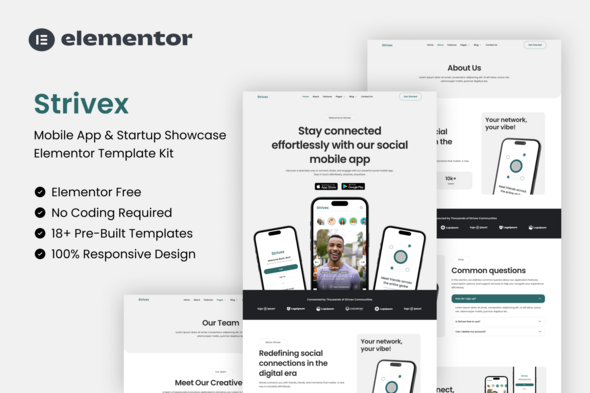 Strivex – Mobile App & Startup Showcase Elementor Template Kit – 0 Sold!