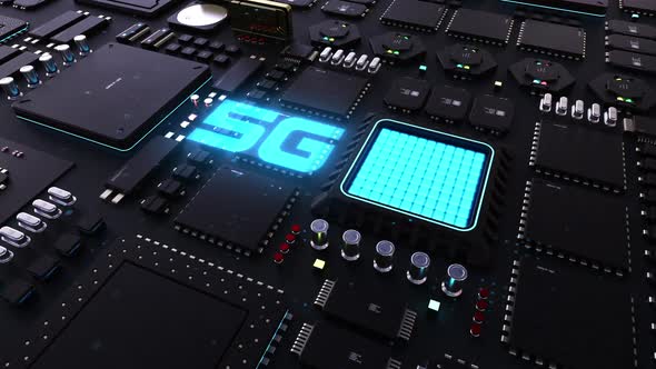 5g header. next generation chip and processor animation. big power technological breakthrough