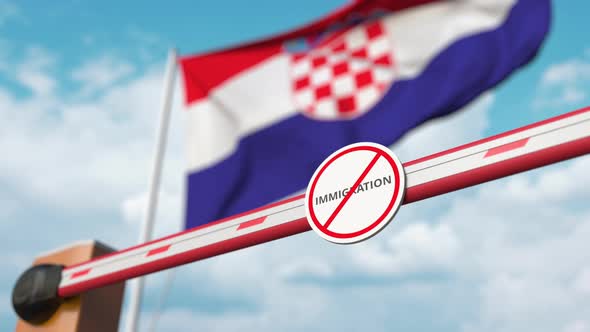 Opening Barrier with Stop Immigration Sign at Croatian Flag