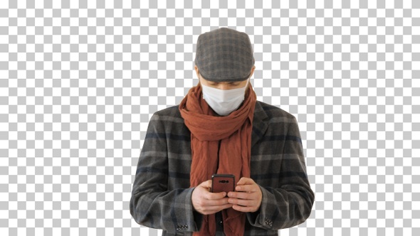 Gentleman In Medical Mask Using Phone And Walking, Alpha Channel