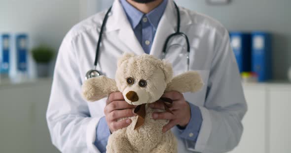 Cropped Shot of Doctor with Stethoscope Holding Teddy Bear in Medical Office