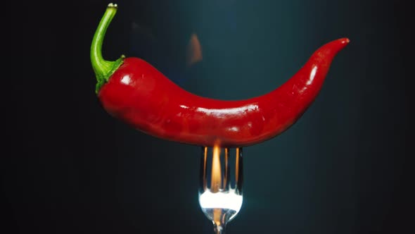 Red Hot Chili Pepper with Flame at the Black Background. 