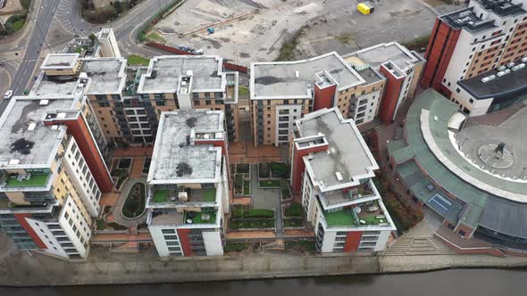 Aerial footage of the area in the Leeds City Centre known as Brewery Wharf in the UK