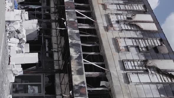 Vertical Video of a Burnt Shopping Center During the War in Bucha Ukraine