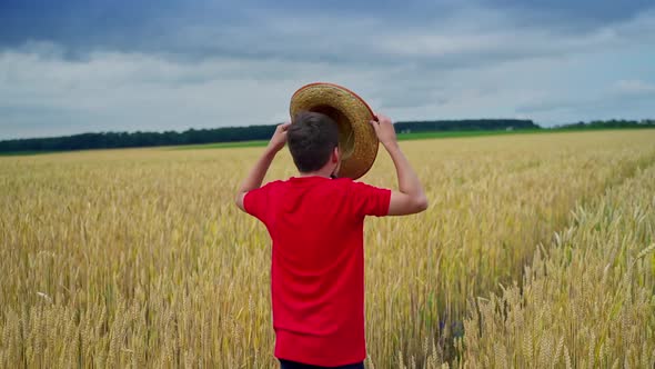 Boy with straw hat on field.