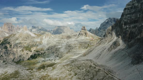 Aerial View Over Locatelli Dreizinnen Refuge at Three Peaks of Lavaredo  Tre Cime Di Lavaredo