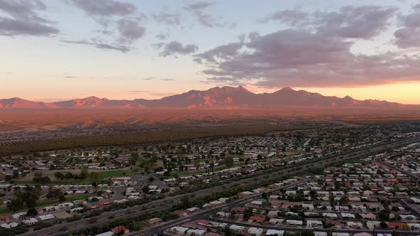 Green Valley Arizona residential neighborhood, aerial panorama at sunset