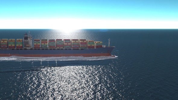 Cargo ship with containers in the open blue sea- Aerial view 