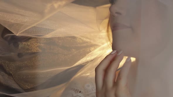 Lovely Portrait of Bride Under Veil. Face Close-up. Pretty Gorgeous Woman. Wedding. Face Close-up.