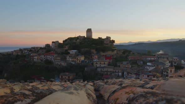 Tower and Medieval Village of Condojanni in Calabria After Sunset