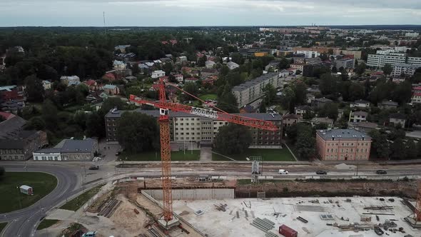 Drone shot of building Tartu university Delta Centre, panoramic view of Tartu and Narva mnt