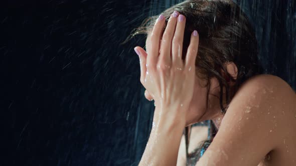 Seductive Smiling Lady Posing Enjoying Dance Under Rainfall