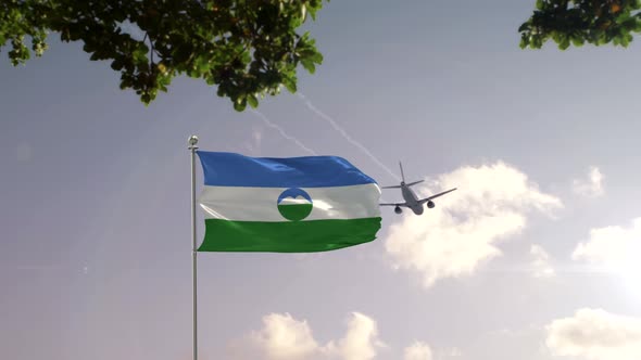 Kabardino Balkaria Flag With Airplane And City  -3D rendering alt