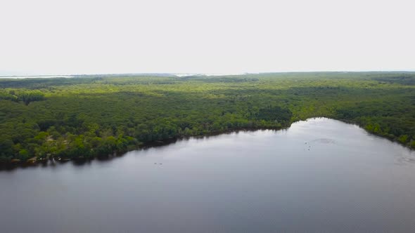 Aerial view of forest and pond in Burlingame Park at Charlestown, Rhode Island