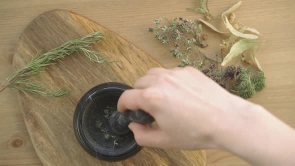 Hands Rubbed The Herbs in a Mortar