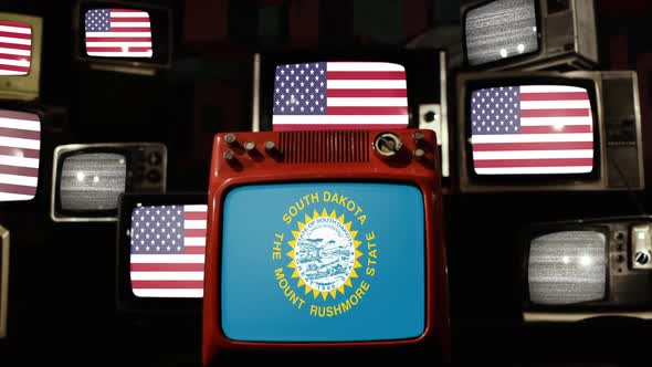 Flag of South Dakota and US Flags on Retro TVs.