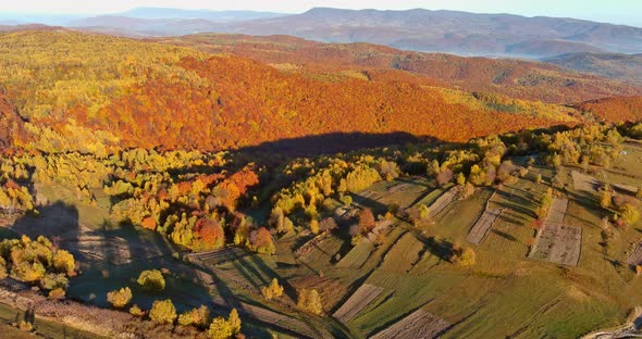 Panoramic Top View in Autumn Field Landscape the Peaks of the Mountains Rural Countryside