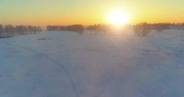 Aerial Drone View of Cold Winter Landscape with Arctic Field, Trees Covered with Frost Snow and