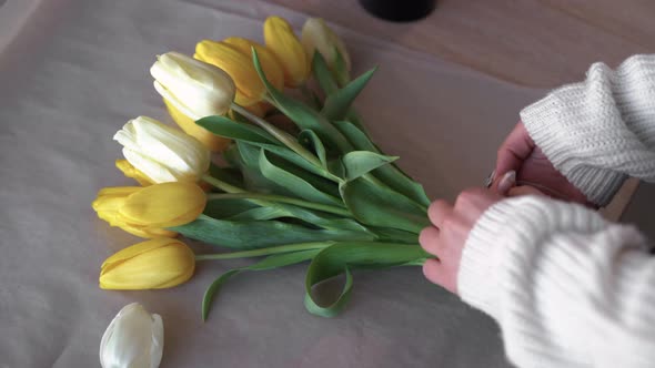 Unrecognizable Woman in a Sweater is Packing a Bouquet of Yellow Tulips