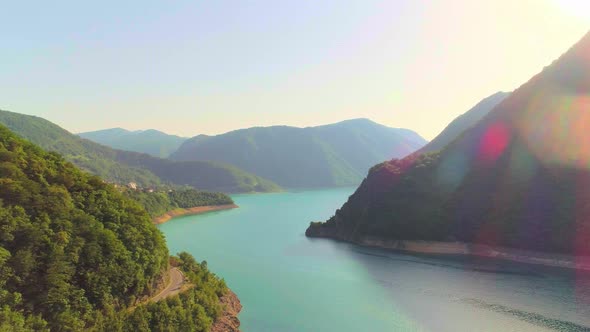 Aerial Video of Mountain Piva Lake and Mountains at Sunset