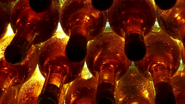 Rows of backlit wine bottles in winery cellar