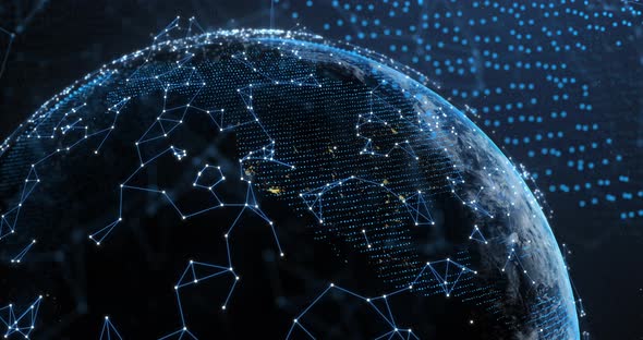 Network of connections over globe against spots on blue background alt