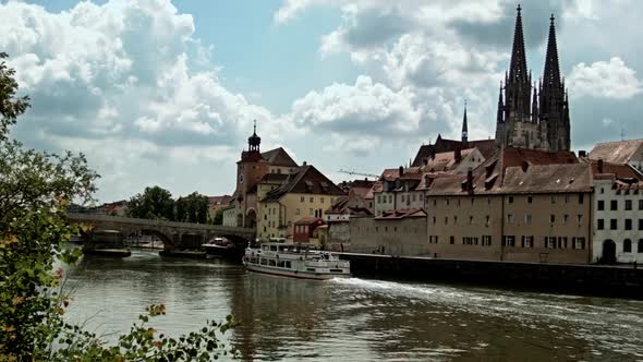 Small ship passing Danube river in Germany