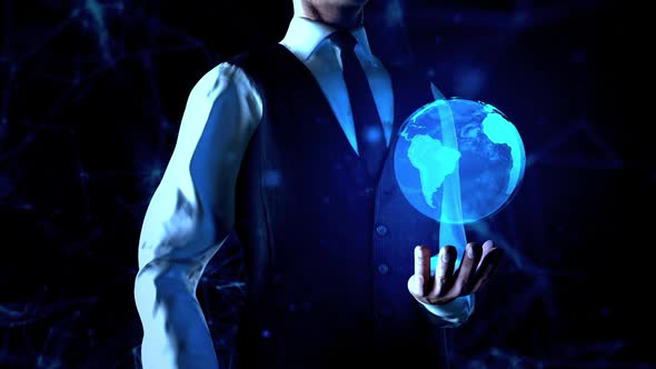 Businessman Holds Earth Globe Or World Hologram In  Left Hand With Plexus Network Connection Lines alt