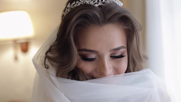 Beautiful and Lovely Bride in Night Gown and Veil. Wedding Morning Preparation