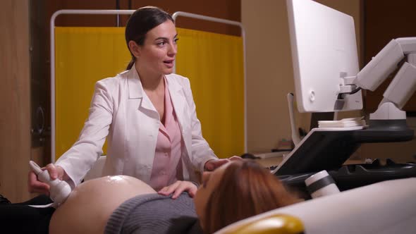 Woman Doctor Making Pregnancy Ultrasound in Clinic