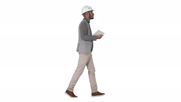 Architect Walking with Tablet and Checking What Is Built on White Background.