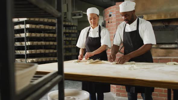 Animation of diverse female and male bakers preparing roll at bakery