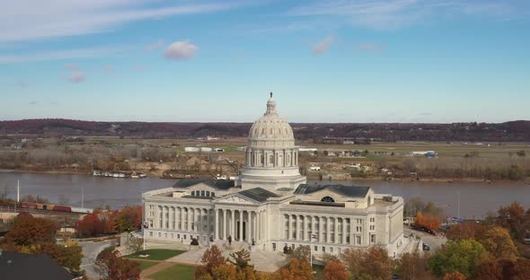 Missouri State Capitol building in Jefferson City, Missouri. Drone videoing down.